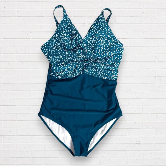 BloomChic Other - BLOOMCHIC Teal Ditsy Floral Patchwork Gathered Floral Swimsuit Swim Suit L 12